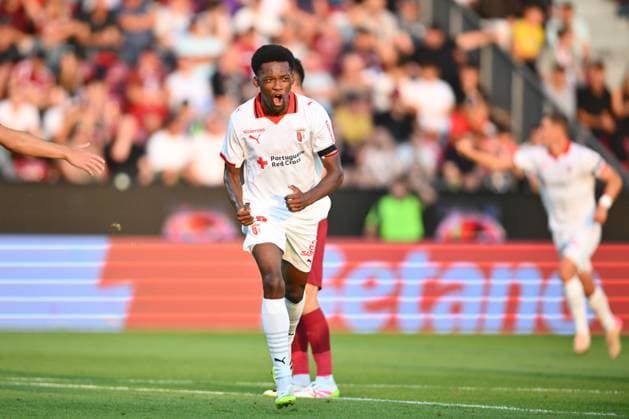 CFR Cluj - FC Braga, UEFA Europa League Jean-Baptiste Gorby of SC Braga celebrates after scoring his side first goal during the UEFA Europa League third qualifying round - first leg game between CFR Cluj and SC Braga, in Cluj Napoca, thursday, August 07, 2025. Alex Nicodim Imago Images Copyright: xAlexxNicodimx
