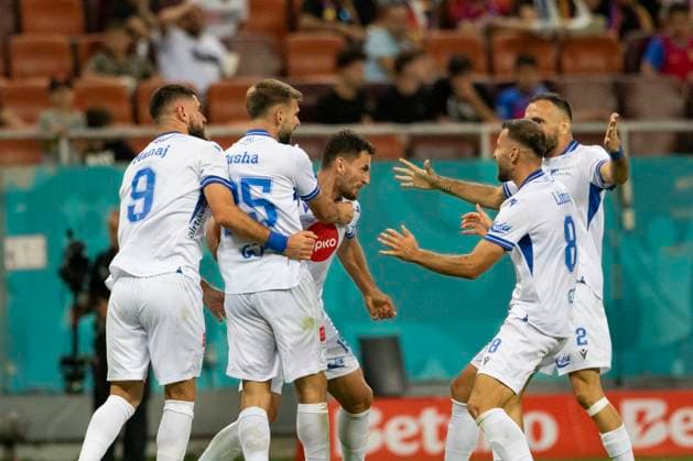 August 07, 2025, UEFA EUROPA LEAGUE, Third qualifying round 1st leg, FCSV (ROU) vs Drita (KOS), Bucharest, National Arena Stadium 9 Arb Manaj scores his side second goal and celebrates with team mates