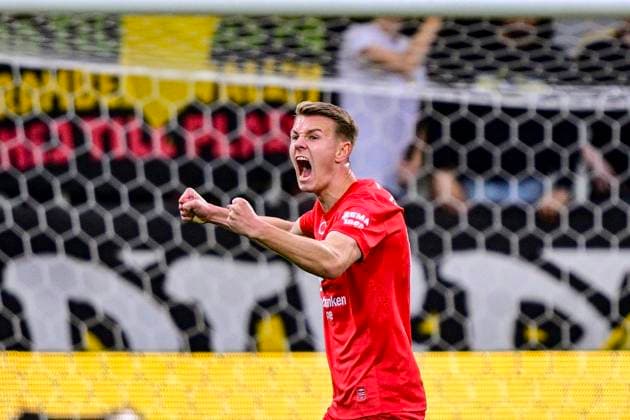 GOTHENBURG, SWEDEN 20250807 Brann s Emil Kornvig celebrates 0-1 during Thursday s Europa League third qualifying round soccer match between Sweden s BK Häcken and Norway s SK Brann, match 1 of 2 at Bravida Arena in Gothenburg, Sweden, August 7, 2025 GÖTEBORG SWEDEN x9200x  Copyright: xHannaxBrunlöf TTx QUALIFYING EUROPA LEAGUE HÄCKEN-BRANN