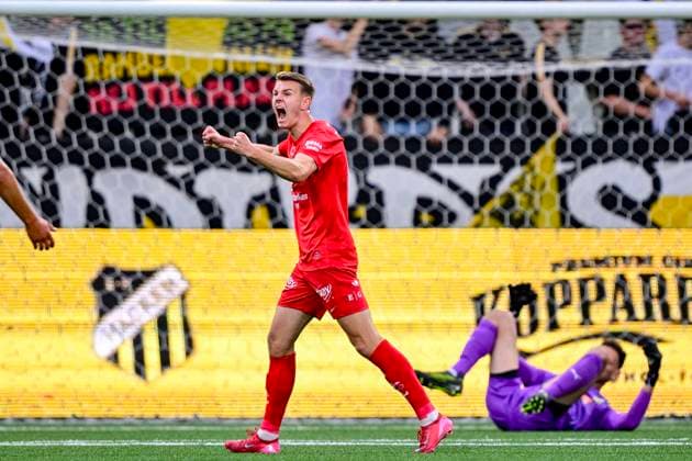 GOTHENBURG, SWEDEN 20250807 Brann s Emil Kornvig celebrates 0-1 during Thursday s Uefa Europa League third qualifying round soccer match between Sweden s BK Häcken and Norway s SK Brann, match 1 of 2 at Bravida Arena in Gothenburg, Sweden, August 7, 2025 GÖTEBORG SWEDEN x9200x  Copyright: xHannaxBrunlöf TTx QUALIFYING EUROPA LEAGUE HÄCKEN-BRANN