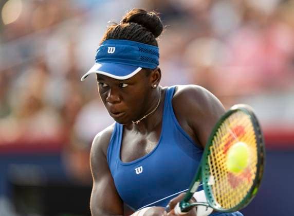 August 7, 2025, Montreal, Pq, Canada: Victoria Mboko of Canada hits a return to Naomi Osaka of Japan during finals tennis action at the National Bank Open in Montreal, Thursday, Aug. 7, 2025. Canada News - August 7, 2025  - ZUMAc35_ 20250807_zaf_c35_099 Copyright: xChristinnexMuschix