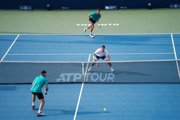 ATP, Tennis Herren Masters 1000 National Bank Open Toronto Presented by Rogers 2025 - Final Julian Cash and Lloyd Glasspool of Great Britain against Joe Salisbury and Neal Skupski of Great Britain during the Men s Doubles Final match of the ATP Masters 1000 National Bank Open at Sobeys Stadium. on August 7, 2025 in Toronto, Canada. (Photo by Leonardo Ramirez Eyepix Group) Copyright: xLeonardoxRamirezx xEyepixxGroupx LR-06082025-06632