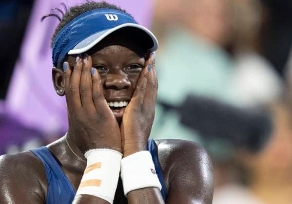 August 7, 2025, Montreal, Pq, Canada: Victoria Mboko of Canada reacts following her win over Naomi Osaka of Japan during finals tennis action at the National Bank Open in Montreal, Thursday, Aug. 7, 2025. Canada News - August 7, 2025  - ZUMAc35_ 20250807_zaf_c35_166 Copyright: xChristinnexMuschix