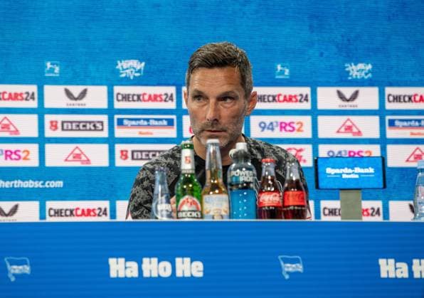 Soccer, Men, Season 2025 26, 2 Bundesliga, Hertha BSC, Press conference before the match against Karlsruher SC, in the picture coach Stefan Leitl Hertha BSC , 08 08 2025, Copyright: xSebastianxRäppold MatthiasxKochx