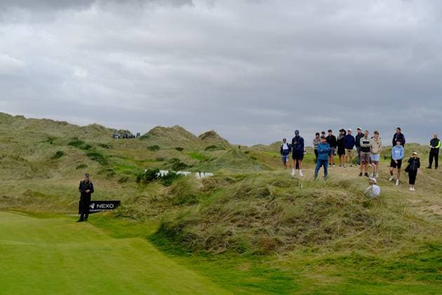 UK: Nexo Championship, Old Course at Trump International Golf Links, Aberdeen, Scotland on 08 August 2025: Pictured: Thomas Aiken (South Africa) hits out from behind a hill to the 13th green during the second round of the Nexo Championship 2025 at Trump International Golf Links, Aberdeenshire, Scotland Aberdeen Trump International Golf Links Scotland Copyright: xAlexxToddx