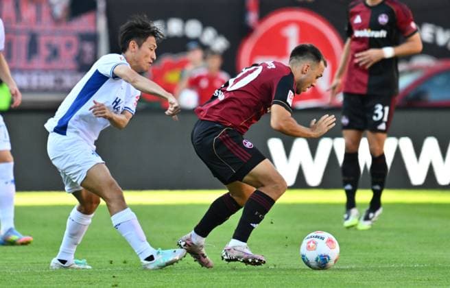 08 08 2025 Soccer Season 2025 2026 2 Soccer Bundesliga 02 Matchday 1 FC Nürnberg FCN Club SV Darmstadt 98 SVD Lilien Sportfoto Zink xwoxzix DFL regulations prohibit any use of photographs as image sequences and or quasi video only for editorial use Hiroki Akiyama 16, SV Darmstadt 98 D98 SV98 Julian Justvan 10, 1 FC Nürnberg FCN