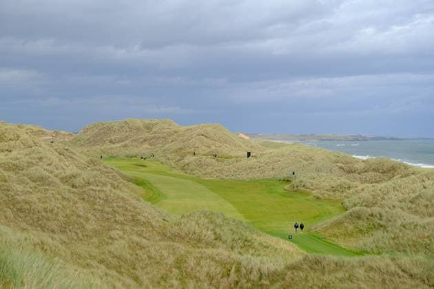 UK: Nexo Championship, Old Course at Trump International Golf Links, Aberdeen, Scotland on 08 August 2025: Pictured: A general view of the 14th fairway flanked by sand dunes during the second round of the Nexo Championship 2025 at Trump International Golf Links, Aberdeenshire, Scotland Aberdeen Trump International Golf Links Scotland Copyright: xAlexxToddx