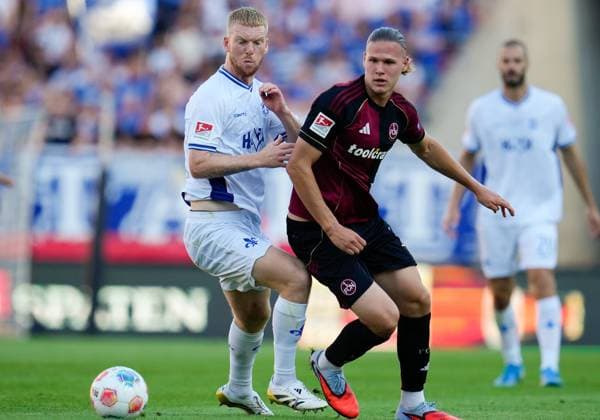 Kai Klefisch SV Darmstadt 98, 17 and Artem Stepanov 1 FC Nuernberg, 11 GER, 1 FC Nuernberg vs SV Darmstadt 98, Football, 2 Bundesliga, Matchday 2, Season 2025 2026, 08 08 2025 DFL REGULATIONS PROHIBIT ANY USE OF PHOTOGRAPHS AS IMAGE SEQUENCES AND OR QUASI VIDEO GER, 1 FC Nuernberg vs SV Darmstadt 98, Football, 2 Bundesliga, Matchday 2, Season 2025 2026, 08 08 2025 Nuernberg Copyright: xEibner-Pressefoto ScottxColemanx EP_SCN