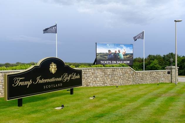 UK: Nexo Championship, Old Course at Trump International Golf Links, Aberdeen, Scotland on 08 August 2025: Pictured: The entrance to the Menie Estate at Trump International Golf Links, Aberdeenshire, Scotland Aberdeen Trump International Golf Links Scotland Copyright: xAlexxToddx