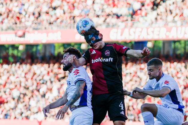 f l Marco Richter SV Darmstadt, 23 , Fabio Gruber 1 FC Nuernberg, 4 and Fabian Nuernberger SV Darmstadt, 15 , 08 08 2025, Football, 2 Bundesliga, 1 FC Nuernberg SV Darmstadt 98, GER, Nuernberg, Max Morlock Stadion, DFL REGULATIONS PROHIBIT ANY USE OF PHOTOGRAPHS AS IMAGE SEQUENCES AND OR QUASI VIDEO Copyright: HMBxMedia xHeikoxBecker