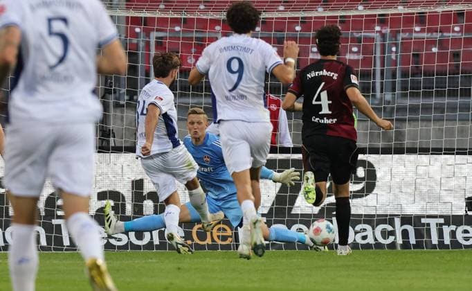 08 08 2025 Soccer Season 2025 2026 2 Soccer Bundesliga 02 Matchday 1 FC Nürnberg FCN Club SV Darmstadt 98 SVD Lilien Sportfoto Zink DaMa xdaxmax DFL regulations prohibit any use of photographs as image sequences and or quasi video only for editorial use Tor Treffer Goal shot to 0 1 Goalscorer Killian Corredor 34, SV Darmstadt 98 D98 SV98 vs Jan Reichert 1, 1 FC Nürnberg FCN