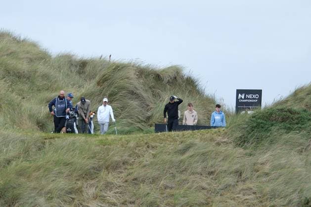 UK: Nexo Championship, Old Course at Trump International Golf Links, Aberdeen, Scotland on 08 August 2025: Pictured: Wil Besseling (Netherlands), David Horsey (England) and James Morrison (England) on the 13th tee during the second round of the Nexo Championship 2025 at Trump International Golf Links, Aberdeenshire, Scotland Aberdeen Trump International Golf Links Scotland Copyright: xAlexxToddx