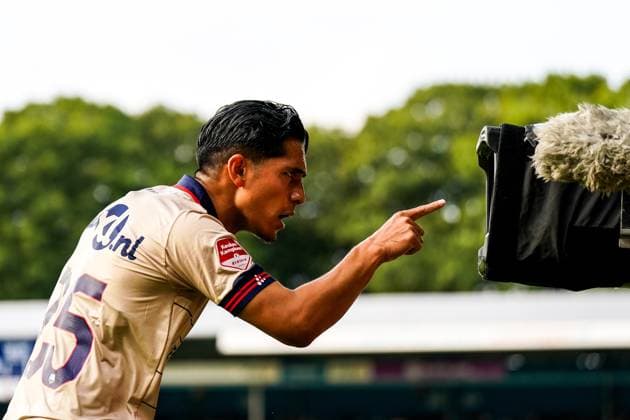 Sport Bilder des Tages DOETINCHEM , 08-08-2025 , Stadium De Vijverberg , season 2025 2026 , Dutch Keuken Kampioen Divisie football , match between De Graafschap and VVV-Venlo , VVV-Venlo player Navarone Foor celebrates after scoring his team s first goal De Graafschap - VVV  x30427197x Copyright: