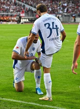 08 08 2025 Soccer Season 2025 2026 2 Soccer Bundesliga 02 Matchday 1 FC Nürnberg FCN Club SV Darmstadt 98 SVD Lilien Sportfoto Zink xwoxzix DFL regulations prohibit any use of photographs as image sequences and or quasi video only for editorial use Torjubel Jubel nach Treffer Torschuß zum 0 1 durch Killian Corredor 34, SV Darmstadt 98 D98 SV98 Aleksandar Vukotic 20, SV Darmstadt 98 D98 SV98 Killian Corredor 34, SV Darmstadt 98 D98 SV98