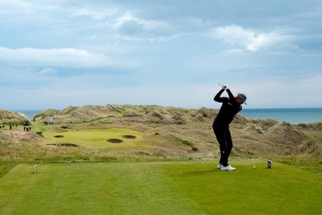 UK: Nexo Championship, Old Course at Trump International Golf Links, Aberdeen, Scotland on 08 August 2025: Pictured: Christofer Blomstrand (Sweden) on the 13th tee during the second round of the Nexo Championship 2025 at Trump International Golf Links, Aberdeenshire, Scotland Aberdeen Trump International Golf Links Scotland Copyright: xAlexxToddx