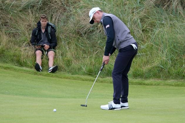 UK: Nexo Championship, Old Course at Trump International Golf Links, Aberdeen, Scotland on 08 August 2025: Pictured: Euan Walker (Scotland) on the 12th green during the second round of the Nexo Championship 2025 at Trump International Golf Links, Aberdeenshire, Scotland Aberdeen Trump International Golf Links Scotland Copyright: xAlexxToddx