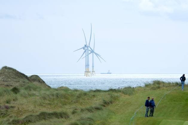UK: Nexo Championship, Old Course at Trump International Golf Links, Aberdeen, Scotland on 08 August 2025: Pictured: The offshore wind farm that President Donald J Trump complains spoils the views during the second round of the Nexo Championship 2025 at Trump International Golf Links, Aberdeenshire, Scotland Aberdeen Trump International Golf Links Scotland Copyright: xAlexxToddx