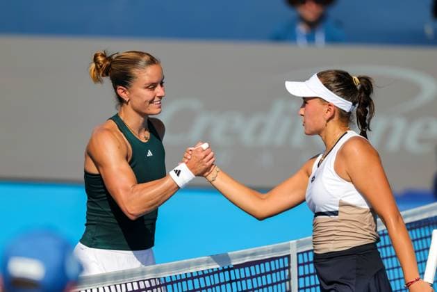 August 8, 2025, Mason, Ohio, U.S: Maria Sakkari (left) is congratulated on her win by Kamilla Rakhimova (right) after FridayÃ¢â‚¬â ¢s first round of the Cincinnati Open at the Lindner Family Tennis Center , Mason, Oh. Mason U.S - ZUMAs304 20250808_zaf_s304_205 Copyright: xScottxStuartx