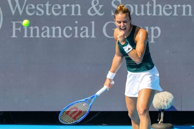 August 8, 2025, Mason, Ohio, U.S: Maria Sakkari (GRE) reacts to a shot during FridayÃ¢â‚¬â ¢s first round of the Cincinnati Open at the Lindner Family Tennis Center , Mason, Oh. Mason U.S - ZUMAs304 20250808_zaf_s304_212 Copyright: xScottxStuartx
