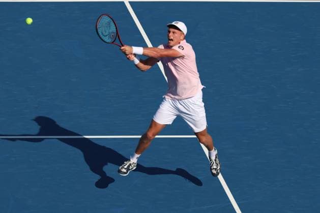 August 8, 2025, Mason, Ohio, USA: Mason, Ohio; Cincinnati Open Tennis Tournament - 2025 08 08 - Jenson Brooksby plays a ball against opponent Alexandre Muller. - ZUMAPress Mason USA - ZUMAn24_ 20250808_zaf_n24_181 Copyright: xWallyxNellx