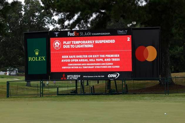MEMPHIS, TN - AUGUST 08: Signs around the practice green show play has been suspended due to lightning during the second round of the FedEx St. Jude Championship, August 8, 2025, at TPC Southward in Memphis, Tennessee. (Photo by Matthew Maxey Icon Sportswire) GOLF: AUG 08 PGA, Golf Herren FedEx Cup Playoffs - FedEx St. Jude Championship EDITORIAL USE ONLY Icon250808087