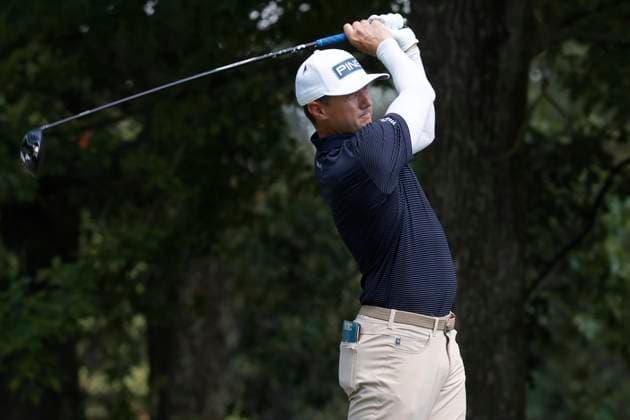 MEMPHIS, TN - AUGUST 08: Mackenzie Hughes of Canada watches his tee shot on No. 7 during the second round of the FedEx St. Jude Championship, August 8, 2025, at TPC Southward in Memphis, Tennessee. (Photo by Matthew Maxey Icon Sportswire) GOLF: AUG 08 PGA, Golf Herren FedEx Cup Playoffs - FedEx St. Jude Championship EDITORIAL USE ONLY Icon250808040