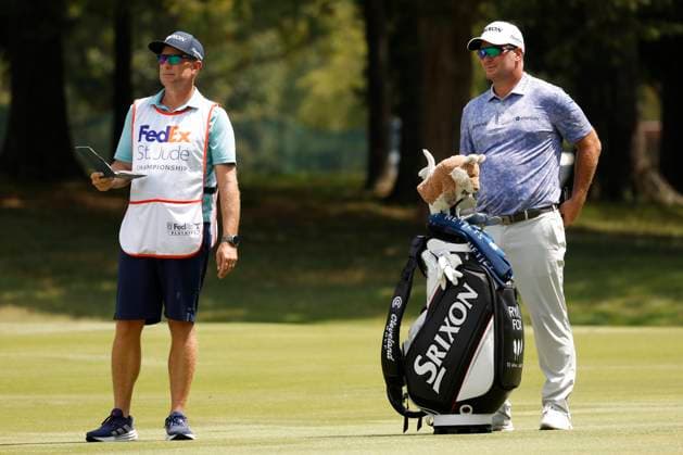 MEMPHIS, TN - AUGUST 08: Ryan Fox of New Zealand and his caddie discuss a shot on the No. 3 fairway during the second round of the FedEx St. Jude Championship, August 8, 2025, at TPC Southward in Memphis, Tennessee. (Photo by Matthew Maxey Icon Sportswire) GOLF: AUG 08 PGA, Golf Herren FedEx Cup Playoffs - FedEx St. Jude Championship EDITORIAL USE ONLY Icon250808058