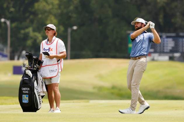 MEMPHIS, TN - AUGUST 08: Cameron Young of United States hits his second shot on No. 2 during the second round of the FedEx St. Jude Championship, August 8, 2025, at TPC Southward in Memphis, Tennessee. (Photo by Matthew Maxey Icon Sportswire) GOLF: AUG 08 PGA, Golf Herren FedEx Cup Playoffs - FedEx St. Jude Championship EDITORIAL USE ONLY Icon250808067