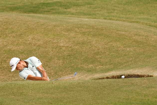 MEMPHIS, TN - AUGUST 08: Collin Morikawa of United States hits from the bunker on No. 7 during the second round of the FedEx St. Jude Championship, August 8, 2025, at TPC Southward in Memphis, Tennessee. (Photo by Matthew Maxey Icon Sportswire) GOLF: AUG 08 PGA, Golf Herren FedEx Cup Playoffs - FedEx St. Jude Championship EDITORIAL USE ONLY Icon250808016