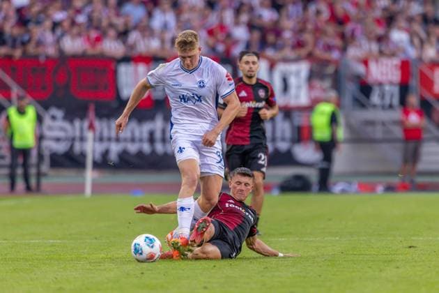 Nuremberg, Germany 08 August 2025 2 Liga 2025 2026 1 FC Nuremberg vs SV Darmstadt 98 In the picture from left in duel Clemens Riedel Darmstadt and Semir Telalovic FCN DFL regulations prohibit any use of photographs as image sequences and or quasi video Copyright: xFotostandx xSchäferx