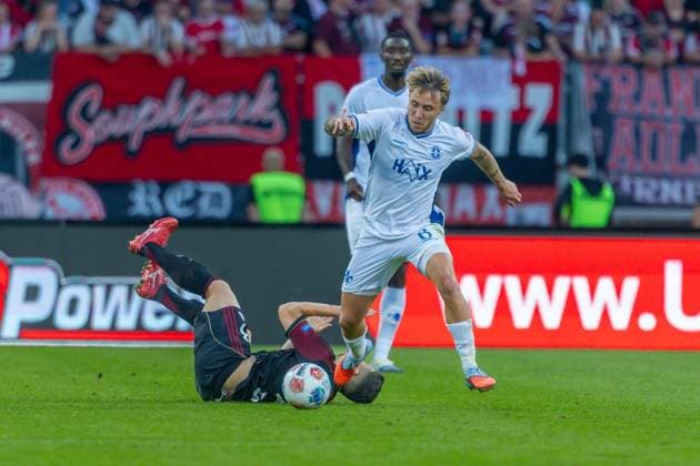 Nuremberg, Germany 08 August 2025 2 Liga 2025 2026 1 FC Nürnberg vs SV Darmstadt 98 In the picture from left in a duel Danilo Soares FCN and Luca Marseiler Darmstadt DFL regulations prohibit any use of photographs as image sequences and or quasi video Copyright: xFotostandx xSchäferx