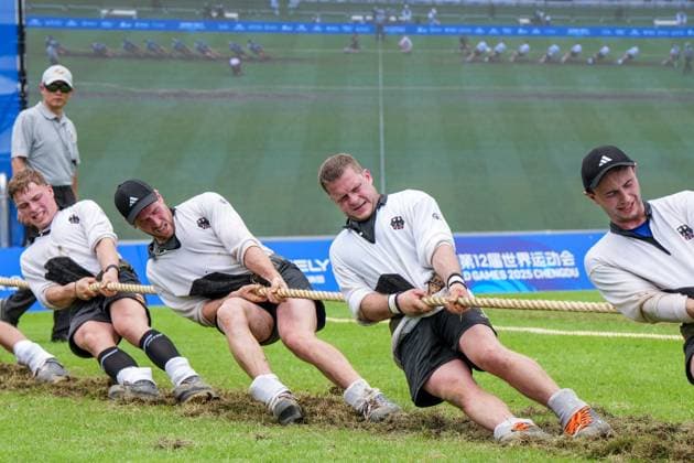 (250809) -- CHENGDU, Aug. 9, 2025 -- Team Germany compete during the men s outdoor 640kg bronze medal match between Germany and Belgium of Tug of War event at The World Games 2025 in Chengdu, southwest China s Sichuan Province, Aug. 9, 2025. ) (SP)CHINA-CHENGDU-THE WORLD GAMES 2025-TUG OF WAR-MEN S OUTDOOR 640KG-BRONZE MEDAL MATCH (CN) LixBo 