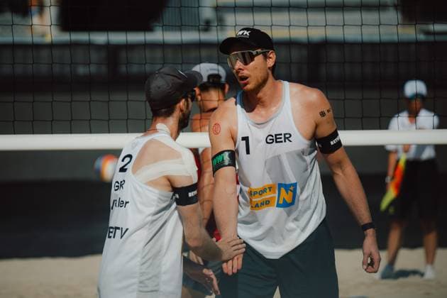 Beach volleyball, Beachvolleyball - Baden Challenge BADEN,AUSTRIA,09.AUG.25 - BEACH VOLLEYBALL - FIVB World Tour - Baden Challenge. Image shows Clemens Wickler (GER) and Nils Ehlers (GER).  GEPAxpictures xAlexanderxSolc