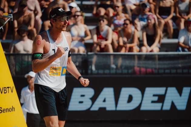Beach volleyball, Beachvolleyball - Baden Challenge BADEN,AUSTRIA,09.AUG.25 - BEACH VOLLEYBALL - FIVB World Tour - Baden Challenge. Image shows the rejoicing of Nils Ehlers (GER).  GEPAxpictures xAlexanderxSolc