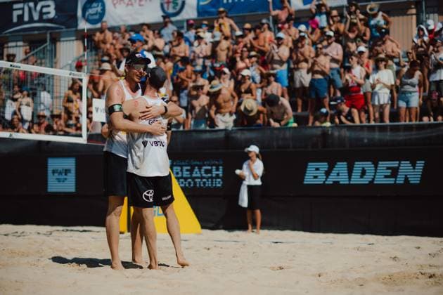 Beach volleyball, Beachvolleyball - Baden Challenge BADEN,AUSTRIA,09.AUG.25 - BEACH VOLLEYBALL - FIVB World Tour - Baden Challenge. Image shows the rejoicing of Nils Ehlers (GER) and Clemens Wickler (GER).  GEPAxpictures xAlexanderxSolc