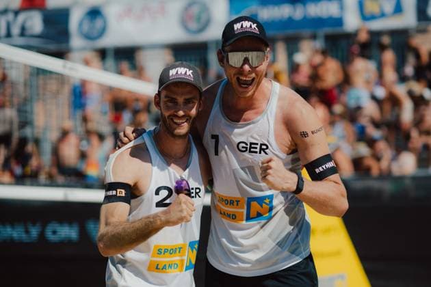 Beach volleyball, Beachvolleyball - Baden Challenge BADEN,AUSTRIA,09.AUG.25 - BEACH VOLLEYBALL - FIVB World Tour - Baden Challenge. Image shows the rejoicing of Clemens Wickler (GER) and Nils Ehlers (GER).  GEPAxpictures xAlexanderxSolc