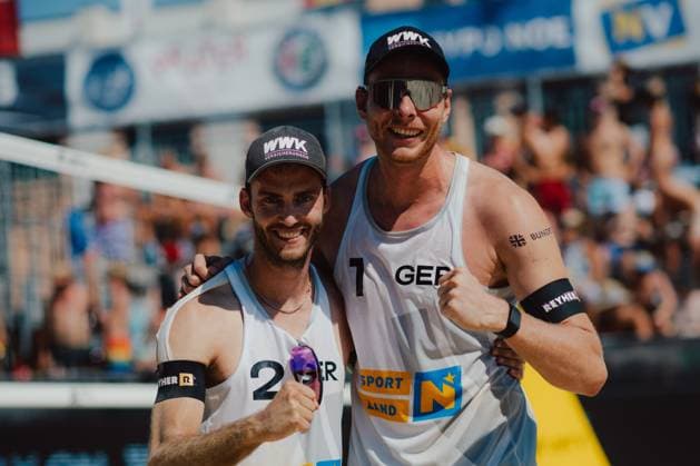 Beach volleyball, Beachvolleyball - Baden Challenge BADEN,AUSTRIA,09.AUG.25 - BEACH VOLLEYBALL - FIVB World Tour - Baden Challenge. Image shows the rejoicing of Clemens Wickler (GER) and Nils Ehlers (GER).  GEPAxpictures xAlexanderxSolc