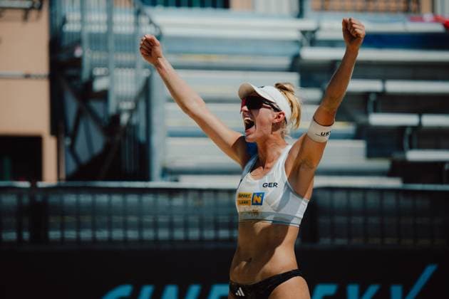 Beach volleyball, Beachvolleyball - Baden Challenge BADEN,AUSTRIA,09.AUG.25 - BEACH VOLLEYBALL - FIVB World Tour - Baden Challenge. Image shows the rejoicing of Linda Bock (GER).  GEPAxpictures xAlexanderxSolc