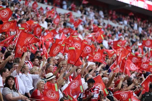GER, 2 FBL Fortuna Duesseldorf vs Hannover 96 09 08 2025, Merkur Spiel Arena, Duesseldorf, GER, 2 FBL Fortuna Duesseldorf vs Hannover 96, in the picture fans with f95 flags nordphotoxGmbHx xMeuter nph00351