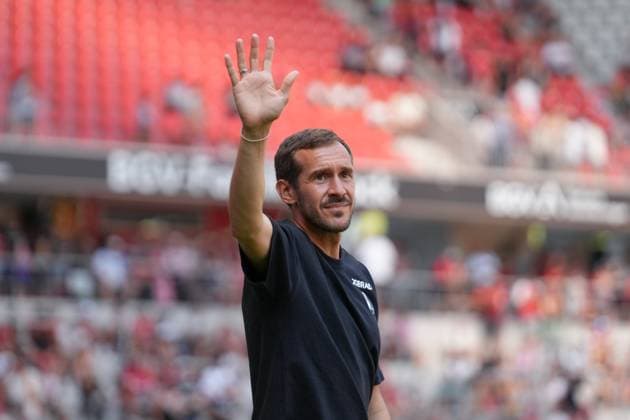 Julian Schuster SC Freiburg, coach presentation of the team at the season opening, presentation, player football, test match, SC Freiburg vs CA Osasuna, 09 08 2025, season opening, Europa Park Stadion, Freiburg, Germany, Freiburg Europa Park Stadion Baden Wuerttemberg Germany Copyright: xArnexAmbergx