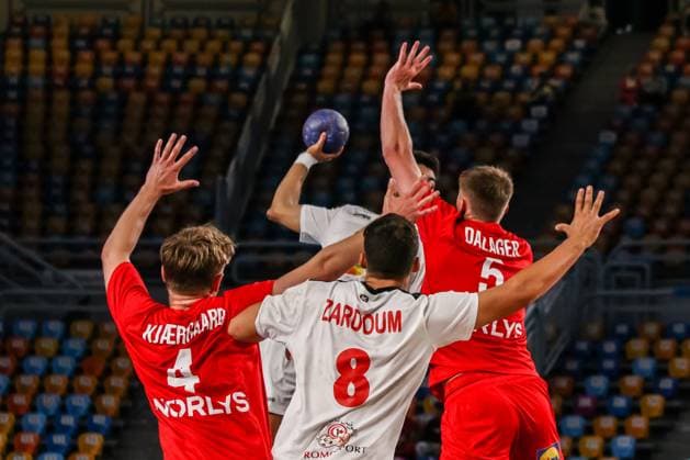August 9, 2025, Cairo, Cairo, Egypt: KJARGAARD KASPER And DALAGER JACOP The Denmark Players and ZARDOUM MOHAMMED The Tunisia Player During IHF Men s World Championship, WM, Weltmeisterschaft u19 Match Between Denmark and Tunisia At Cairo Stadium Main Hall Cairo Egypt - ZUMAe138 20250809_zsp_e138_015 Copyright: xBassemxElziatyx