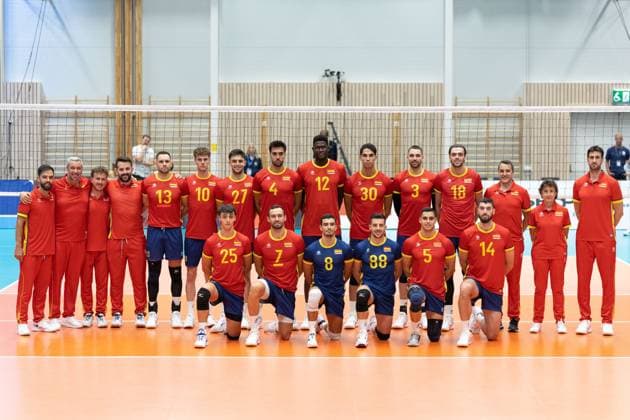 250809 Players of Spain ahead of Eurovolley Qualifier match between Sweden and Spain on August 9, 2025 in Habo Photo Robert Boman BILDBYRAN kod XZ XZ0216 volleyboll volleyball landslaget sverige spanien national team bbeng em kval em kval herrlandslaget  Copyright: ROBERTxBOMAN BB250809BB520