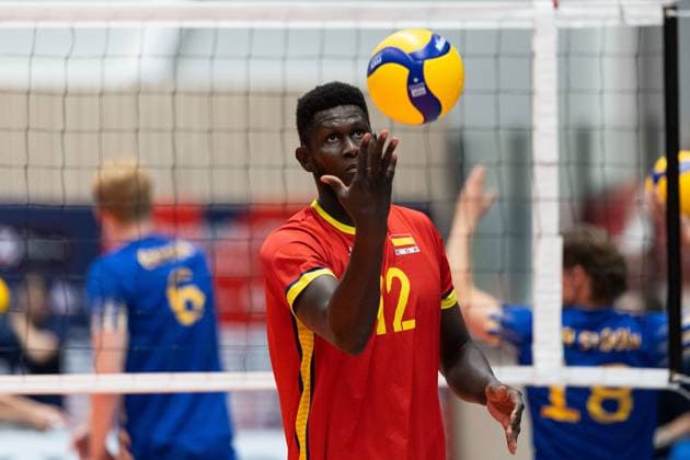 250809 Jean Pascal Diedhiou of Spain ahead of Eurovolley Qualifier match between Sweden and Spain on August 9, 2025 in Habo Photo Robert Boman BILDBYRAN kod XZ XZ0216 volleyball volleyball landslaget sverige spanien national team bbeng em kval em kval herrlandslaget  Copyright: ROBERTxBOMAN BB250809BB524