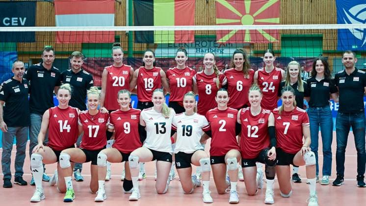 VOLLEYBALL - CEV EURO Quali, AUT vs MKD HARTBERG,AUSTRIA,09.AUG.25 - VOLLEYBALL - CEV Women s European Volleyball Championship 2026, qualification, OEVV international match, Länderspiel, Nationalmannschaft Austria vs North Macedonia. Image shows the team of AUT.  GEPAxpictures xAvnixRetkoceri
