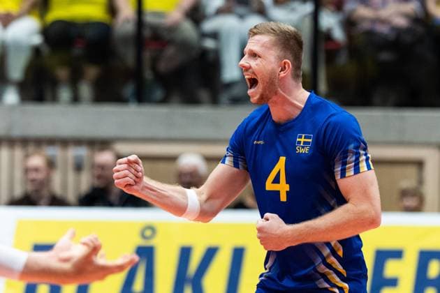 250809 Alfred Brink of Sweden celebrates during Eurovolley Qualifier match between Sweden and Spain on August 9, 2025 in Habo Photo Robert Boman BILDBYRAN kod XZ XZ0216 volleyball volleyball landslaget sverige spanien national team bbeng em kval em kval herrlandslaget jubel  Copyright: ROBERTxBOMAN BB250809BB559