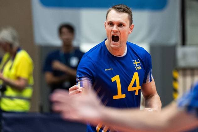 250809 Jacob Link of Sweden celebrates during Eurovolley Qualifier match between Sweden and Spain on August 9, 2025 in Habo Photo Robert Boman BILDBYRAN kod XZ XZ0216 volleyball volleyball landslaget sverige spanien national team bbeng em kval em kval herrlandslaget jubel  Copyright: ROBERTxBOMAN BB250809BB561