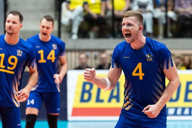 250809 Alfred Brink of Sweden celebrates during Eurovolley Qualifier match between Sweden and Spain on August 9, 2025 in Habo Photo Robert Boman BILDBYRAN kod XZ XZ0216 volleyball volleyball landslaget sverige spanien national team bbeng em kval em kval herrlandslaget jubel  Copyright: ROBERTxBOMAN BB250809BB567