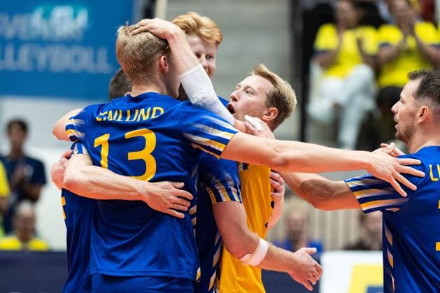 250809 Axel Enlund of Sweden celebrates during Eurovolley Qualifier match between Sweden and Spain on August 9, 2025 in Habo Photo Robert Boman BILDBYRAN kod XZ XZ0216 volleyball volleyball landslaget sverige spanien national team bbeng em kval em kval herrlandslaget jubel  Copyright: ROBERTxBOMAN BB250809BB571
