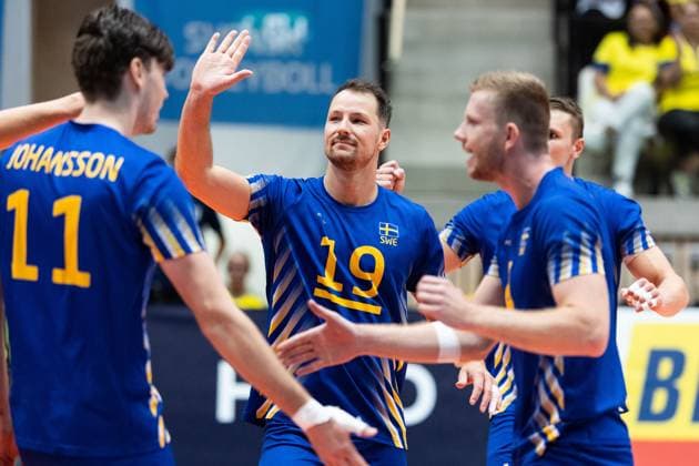 250809 Viktor Lindberg of Sweden celebrates during Eurovolley Qualifier match between Sweden and Spain on August 9, 2025 in Habo Photo Robert Boman BILDBYRAN kod XZ XZ0216 volleyball volleyball landslaget sverige spanien national team bbeng em kval em kval herrlandslaget jubel  Copyright: ROBERTxBOMAN BB250809BB572