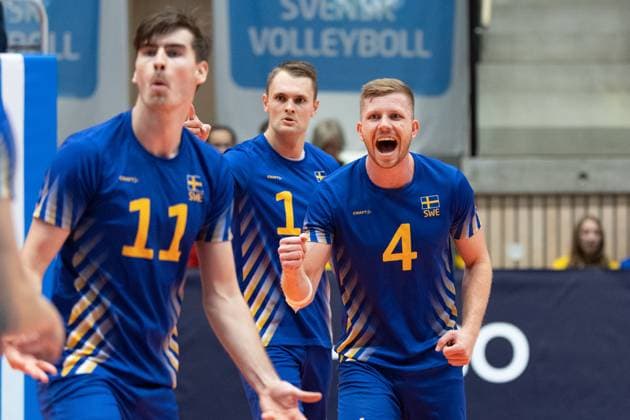 250809 Alfred Brink of Sweden celebrates during Eurovolley Qualifier match between Sweden and Spain on August 9, 2025 in Habo Photo Robert Boman BILDBYRAN kod XZ XZ0216 volleyball volleyball landslaget sverige spanien national team bbeng em kval em kval herrlandslaget jubel  Copyright: ROBERTxBOMAN BB250809BB573